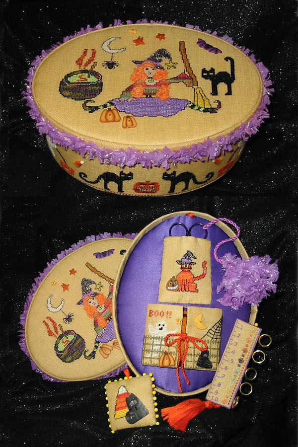 sewing box halloween orange and purple black cats cauldrons
