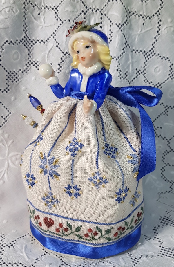 pincushion doll Winter by Giulia Punti Antichi porcelain doll holding snowball with embroidered gown