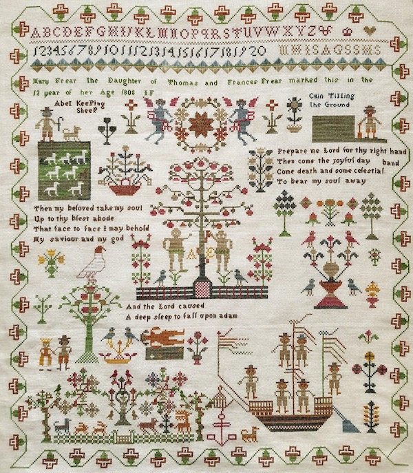 reproduction of antique embroidered sampler by mary frear with trees boats pastures sheep