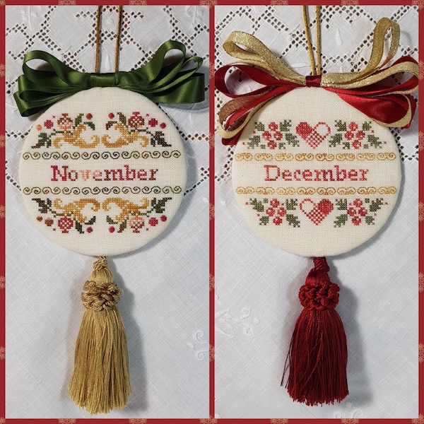 two christmas ornaments embroidered with bow and tassle for months of November and of December in Gold Green and Red