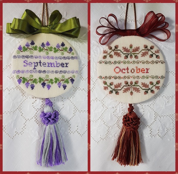 two christmas ornaments embroidered with bow and tassle for months of September and oof October in green and lilac and brown and red