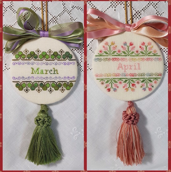 two christmas ornaments embroidered with bow and tassle for months of March and april