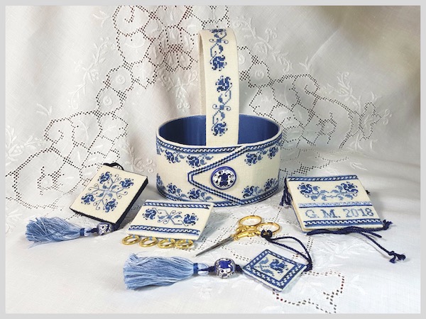 Italian Blue Deruta Sewing Basket an embroidered piece by Giulia Punti Antichi containing scissor fob, scissor case, needlebook